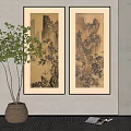 Traditional Chinese Landscape Painting With Mountains Rocks And Trees Hanging On Wall As Home Decor