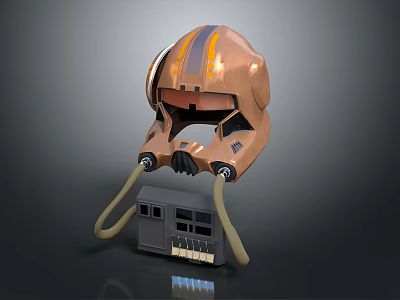 Copper Colored Futuristic Helmet With Orange Stripes Connected Gray Control Box And Cables 3d model