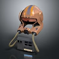 Copper Colored Futuristic Helmet With Orange Stripes Connected Gray Control Box And Cables