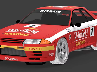 Red Nissan Racing Car With Yokohama Shell Winfield Sponsors And Number 1 3d model