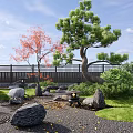 Japanese Courtyard Garden With Red Maple Trees Stones Green Lawn And Wooden House