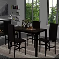 Elegant Dining Table Set with 4 Dark Leather Chairs and Marble Top in Bright Interior