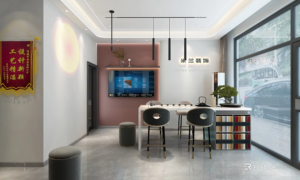 Modern Restaurant Interior With Pink Walls TV Screen White Table Black Chairs And Bookshelves 3d model 