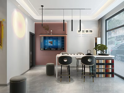 Modern Restaurant Interior With Pink Walls TV Screen White Table Black Chairs And Bookshelves 3d model