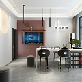 Modern Restaurant Interior With Pink Walls TV Screen White Table Black Chairs And Bookshelves