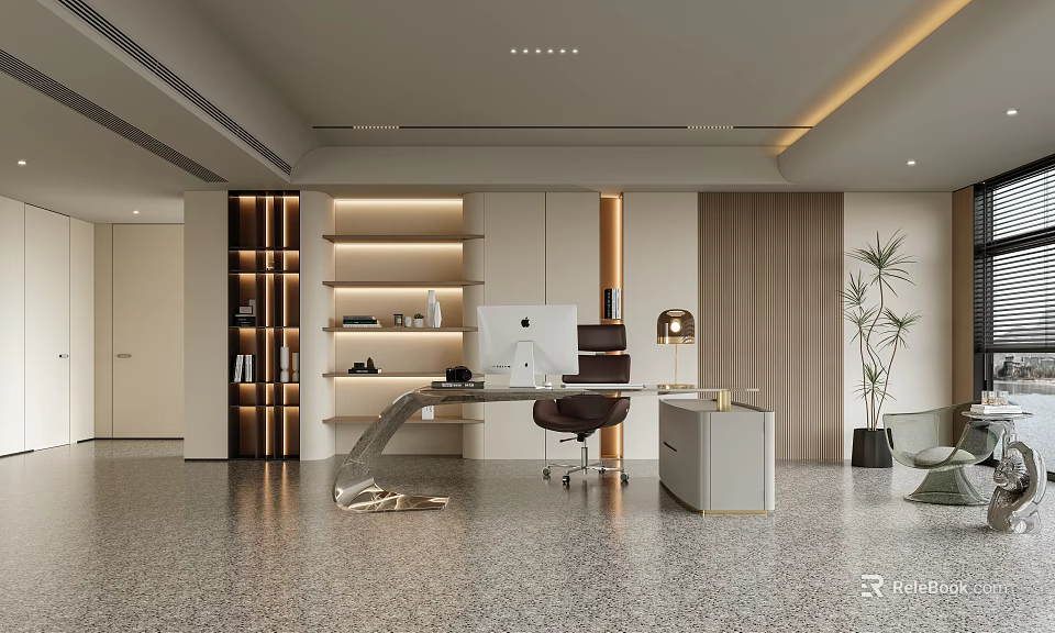 Modern Study Room With Curved Desk Computer And Lit Shelves 3d model 