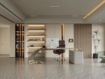 Modern Study Room With Curved Desk Computer And Lit Shelves 3d model