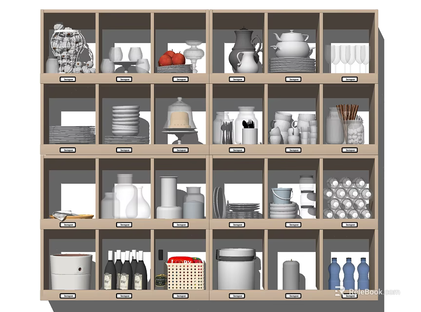 Organized Kitchen Wall Cabinets With Dishes Cups Jars And Bottles Storage 3d model 
