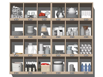 Organized Kitchen Wall Cabinets With Dishes Cups Jars And Bottles Storage 3d model