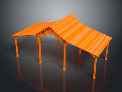 Orange Modern Pergola Structure With Striped Roof And Supporting Columns 3d model