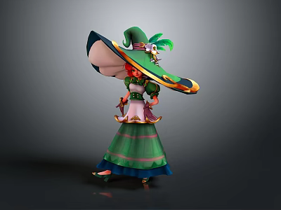Game Movie Character Wearing Large Decorative Hat Green Accents Green Pink Dress Gold Shoes 3d model