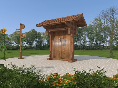 Traditional Wooden Entrance Gate with Tiled Roof Green Plants Sunflowers and Signpost 3d model