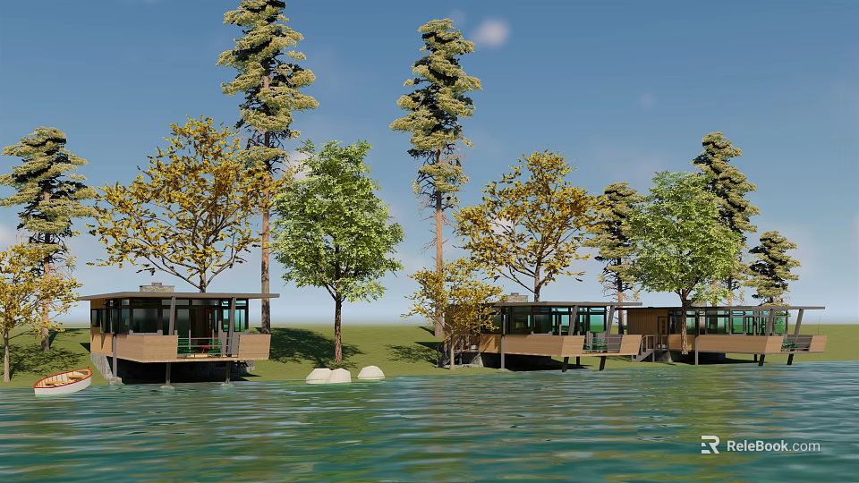 Scenic Waterfront Road Facilities With Wooden Boardwalk And Green Trees 3d model 
