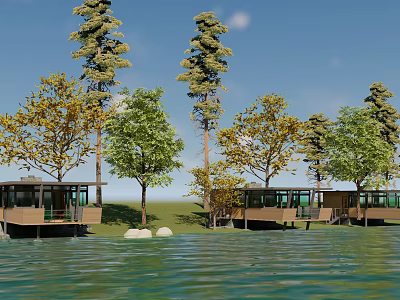 Scenic Waterfront Road Facilities With Wooden Boardwalk And Green Trees 3d model