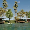 Scenic Waterfront Road Facilities With Wooden Boardwalk And Green Trees