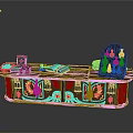 Decorative Wooden Counter With Ornate Carvings Boxes Book And Glass Bottles