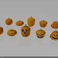 Various Fresh Vegetable Pumpkins Featuring Carved Smiling Faces Arranged Together