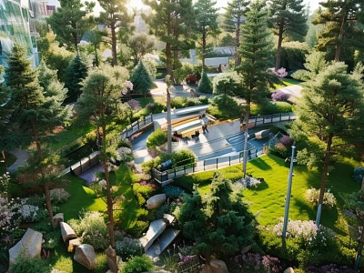 Park Landscape With Lush Pines Green Lawns Winding Pathways Colorful Flower Beds And Serene Seating 3d model