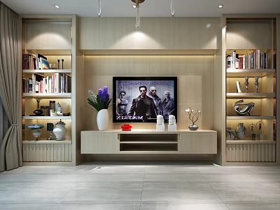 Modern Wooden TV Wall Cabinet With Side Shelves Books Decorative Vase And TV Screen 3d model