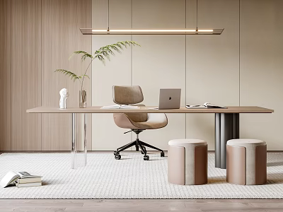 Modern Minimalist Desk Interior With Office Chair Laptop Vase Green Plant Hanging Light And Stools 3d model