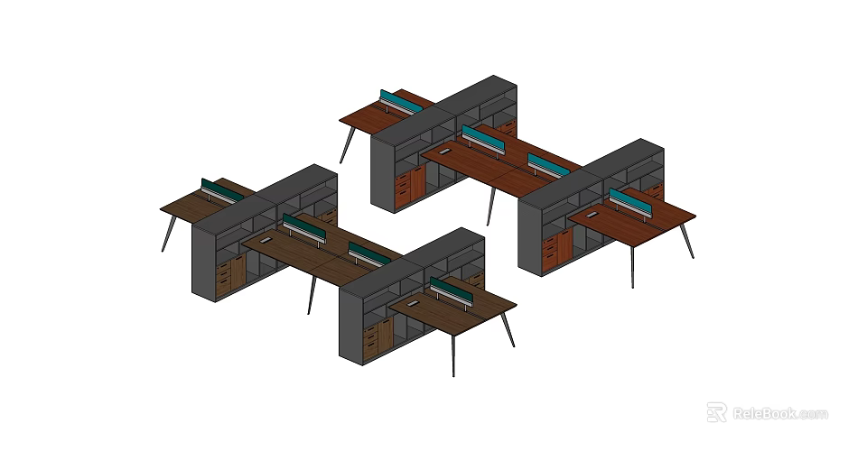 Multiple Office Workstations With Wooden Desks Partition Dividers And Storage Drawers 3d model 