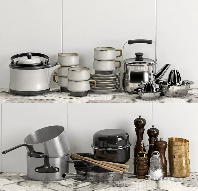 Assorted Kitchen Cookware With Pots Cups Plates Teapot Juicer And Grinders On White Tiled Shelf 3d model 
