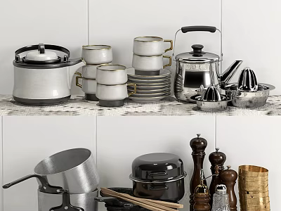 Assorted Kitchen Cookware With Pots Cups Plates Teapot Juicer And Grinders On White Tiled Shelf 3d model