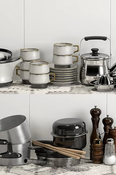 Assorted Kitchen Cookware With Pots Cups Plates Teapot Juicer And Grinders On White Tiled Shelf 3d model