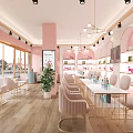 Modern Pink Beauty Salon Interior Design With Chairs Tables Display Shelves And Plants