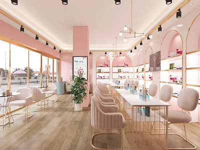 Modern Pink Beauty Salon Interior Design With Chairs Tables Display Shelves And Plants 3d model