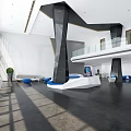 Modern Service Hall Interior With Spacious Layout Blue Seats And White Reception Desk