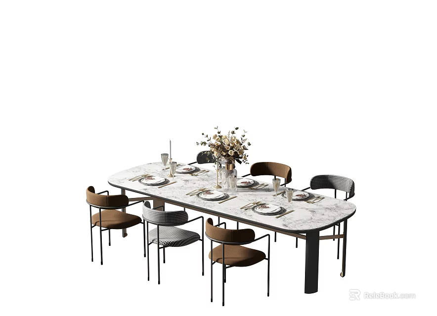 Modern Marble Dining Table Set With Brown Gray Chairs and Vase Tableware 3d model 