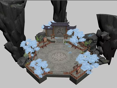 Ancient Chinese Architecture Scene With Circular Stone Platform Blue Trees Rock Formations And Carved Patterns 3d model