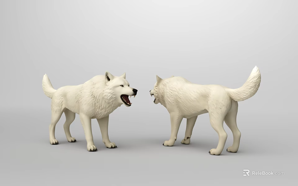 Two White Wolf Figurines Facing Each Other With Open Mouths On Gray Background 3d model 