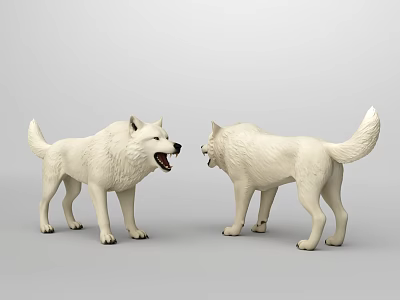 Two White Wolf Figurines Facing Each Other With Open Mouths On Gray Background 3d model