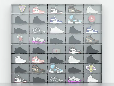 Modern Shoe Cabinet With Organized Sneakers In Various Colors And Styles 3d model