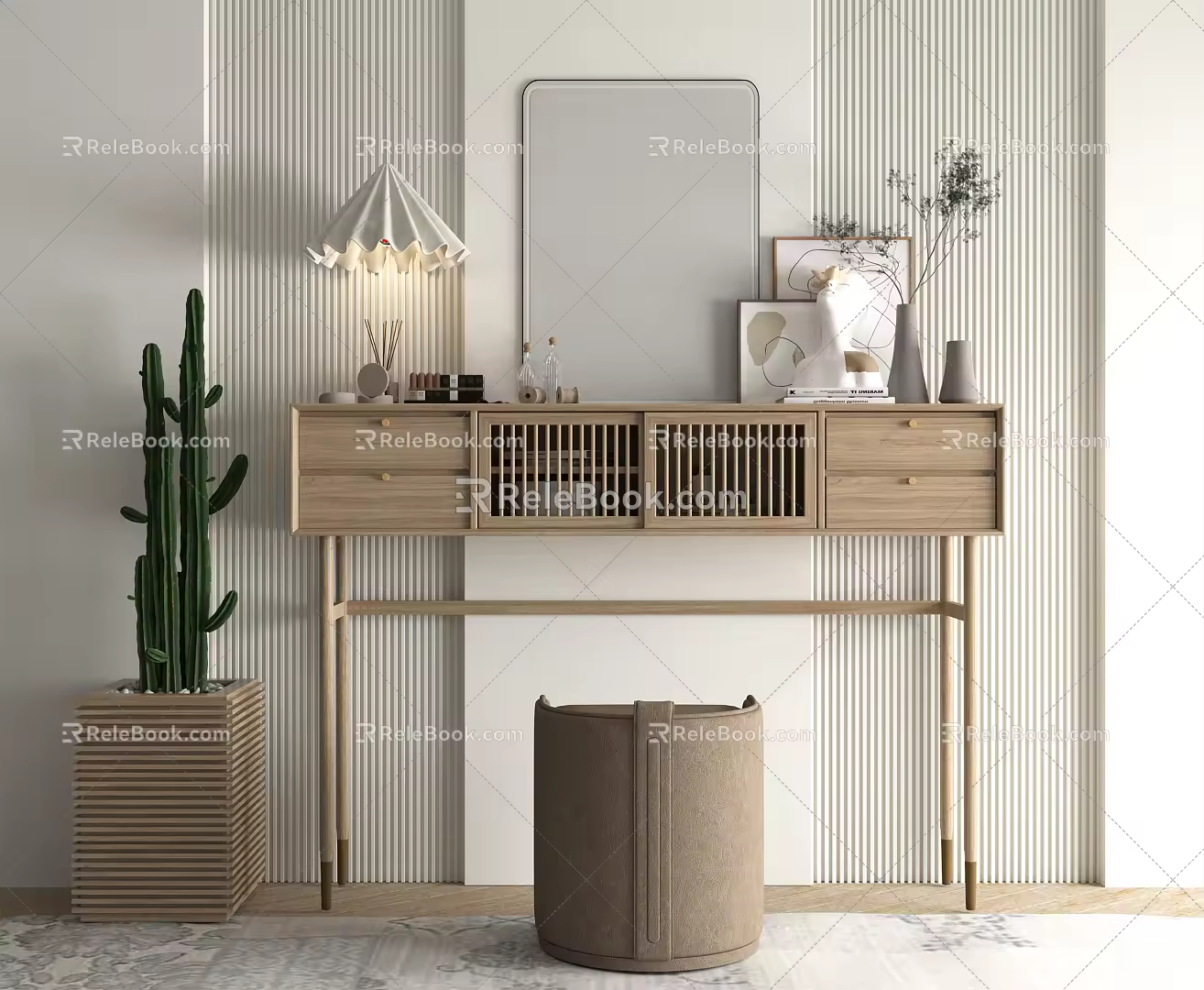 Nordic Dressing Table Dressing Table Cosmetic Mirror Cactus Potted Plant 3d model