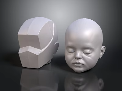 White 3D Character Head Model With Geometric Design And Baby Head Shape 3d model
