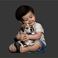 Little Boy Hugging Puppy Sitting On Black Floor Wearing White T-shirt And Blue Shorts