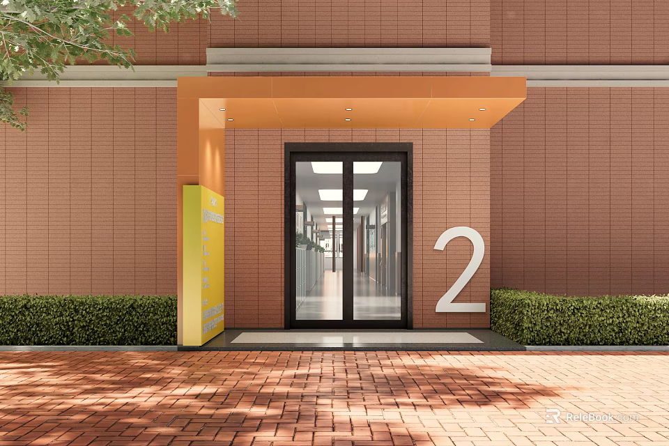 School Entrance with Red Brick Wall Number 2 Glass Door Yellow Sign and Green Shrubs 3d model 