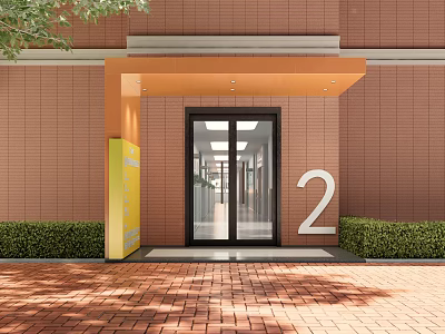 School Entrance with Red Brick Wall Number 2 Glass Door Yellow Sign and Green Shrubs 3d model