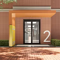 School Entrance with Red Brick Wall Number 2 Glass Door Yellow Sign and Green Shrubs