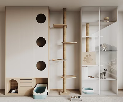 Modern Cat Room With White Cabinet Round Holes Wooden Cat Tree Glass Door Litter Box 3d model