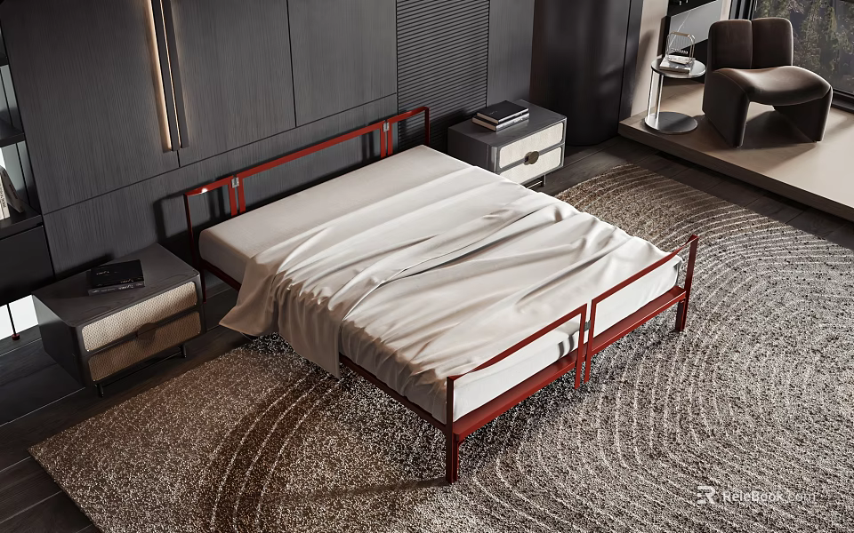 Double Bed With Red Frame White Bedding And Side Tables In Modern Bedroom 3d model 