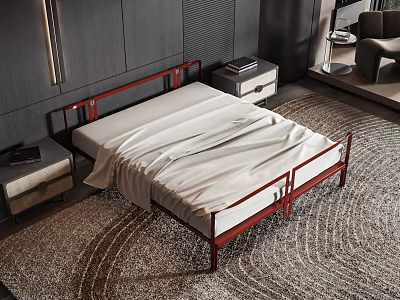 Double Bed With Red Frame White Bedding And Side Tables In Modern Bedroom 3d model