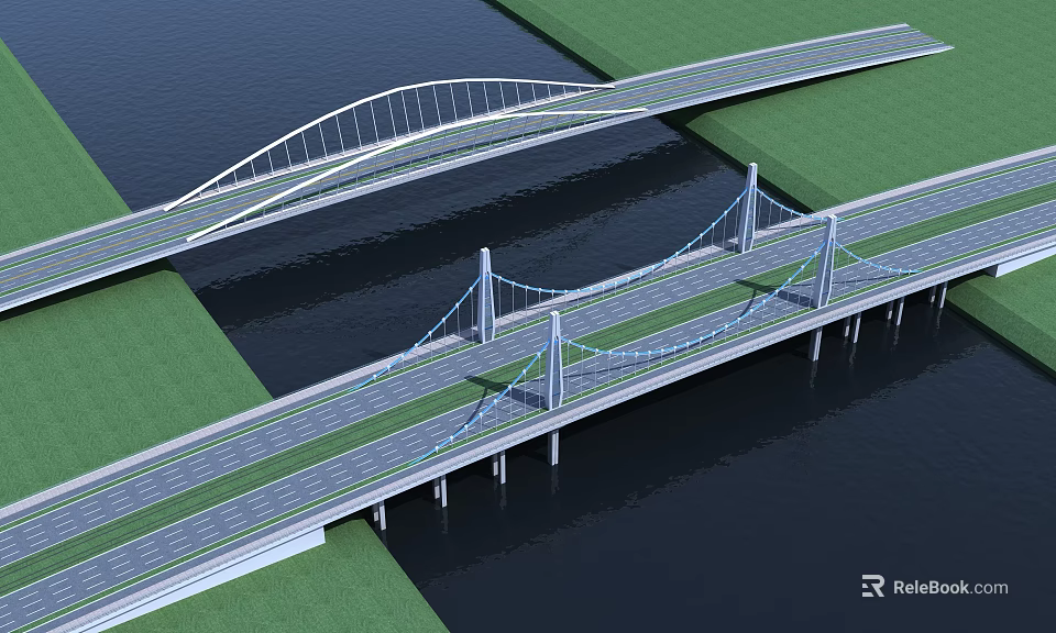 Modern Twin Bridges Design With Road Lanes Over Water And Green Surroundings 3d model 