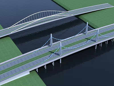 Modern Twin Bridges Design With Road Lanes Over Water And Green Surroundings 3d model