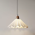 Stylish Pendant Light With White Ruffled Lampshade Brown Wooden Top And Metal Rod