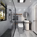 Modern Bathroom Interior Design With Black Framed Shower Round Mirror White Vanity And Gray Tiles