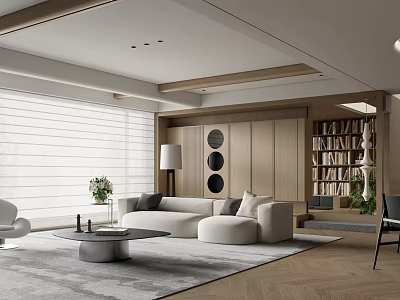 Modern Living Room Interior With White Sofa Round Coffee Table Wooden Bookshelf Plants And Blinds 3d model